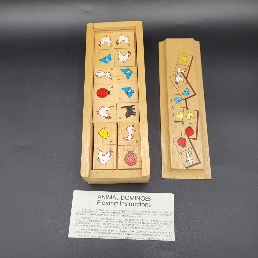 Vintage Hardwood Animal Dominoes Set Chickens Ducks Cats Ladybugs 28 piece
